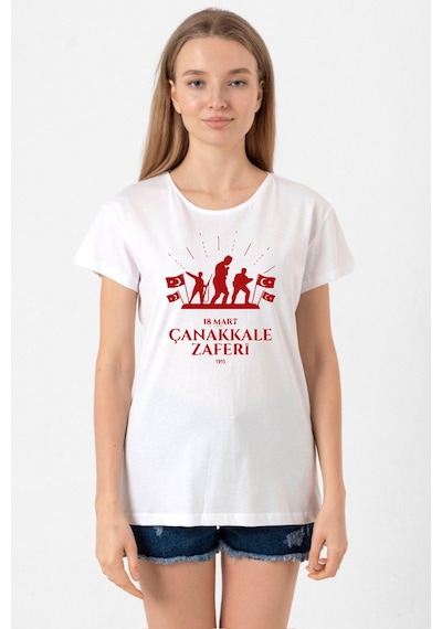 18 Mart Çanakkale Savaşı Red Beyaz Kadın Bisikletyaka Tshirt Beyaz