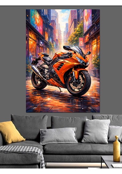 Ahşap Tablo Turuncu Modern Spor Motosiklet Görseli