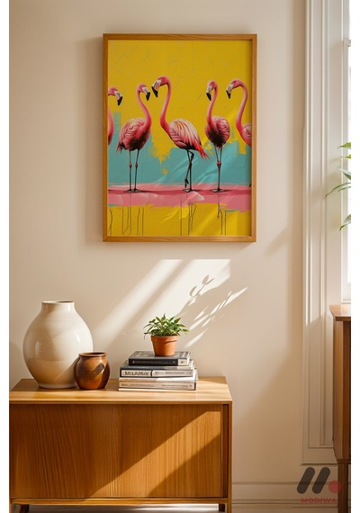 Flamingo Pop Art, Ahşap Çerçeveli Duvar Tablosu - Renkli Ev Dekorasyonu