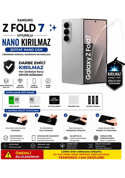 Samsung Z Fold 7 Uyumlu Nano Hidrojel Kırılmaz Ekran Koruyucu Darbe Emici Tam Kaplama 2 Adet Çift Ekran