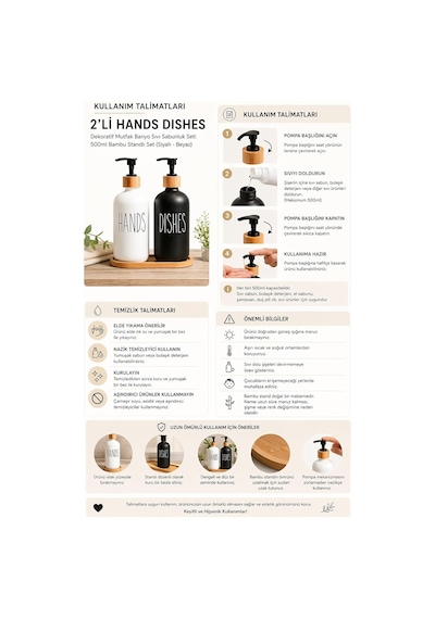 2 Li Hands Dishes Siyah Beyaz Cam Sıvı Sabunluk Seti 500 Ml, Bambu Standlı Dekoratif Mutfak &am Beyaz,siyah