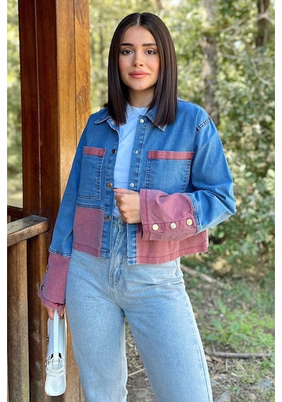 Kadın Mavi & Kırmızı Denim Kontrast Çift Renk Detay, Ön Düğmeli Manşetli, Kot Ceket Mavi
