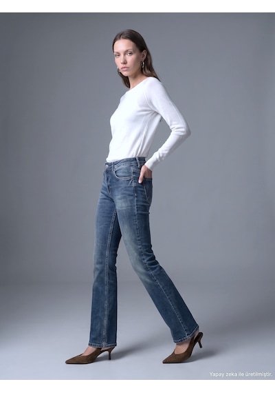 Dilvin 72353 Düşük Bel Likralı Flare Jean-tint Kırmızı