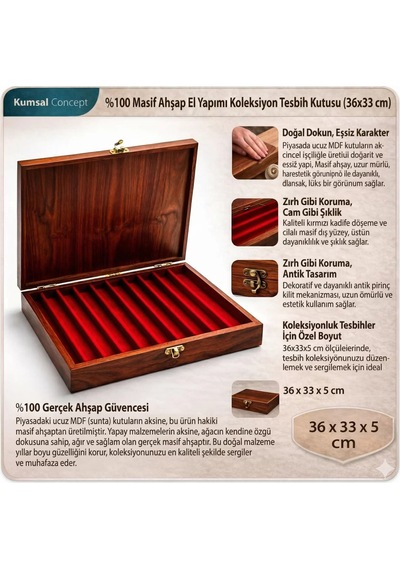 Kişiye Özel İsimli Masif Ahşap Tesbih Kutusu Lüks Kadife İçli 10 Bölmeli El Yapımı Premium Koleksiyon Saklama Kutusu Çok Renkli