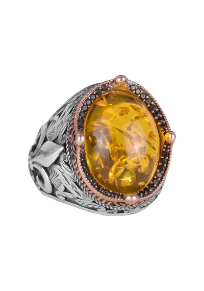 925 Ayar Gümüş Yüzükler Premium Üretilmiş Taşlarla Bal Amberi Gümüş