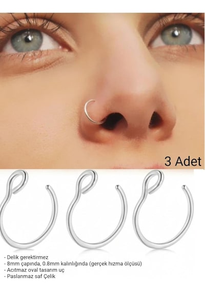 Takıconcept Deliksiz Çelik Sıkıştırmalı Halka Hızma, 3 Adet Set, Gümüş, Unisex Kulak Burun Piercingi Genel