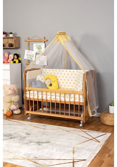 Ahşap Beşik Anne Yanı Beşik Vernikli 60x120 - Sarı Yıldız 3 Yastık Uyku Seti + Yatak + Tekerlekli Ahşap Ahşap Beşik Anne Yanı Beşik Vernikli 60x120 - Sarı Yıldız 3 Yastık Uyku Seti + Yatak + Tekerlekli Ahşap