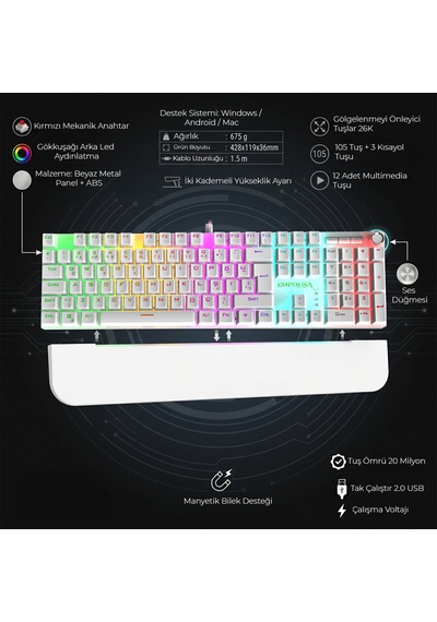 Ikg-430t Mekanik Gaming Klavye Red Switch Rgb Led 17 Efekt Ses Düğmeli Anti Ghosting 105 Tuş