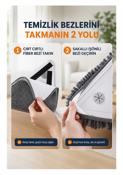 Cleova Üçgen Başlıklı Çekpas Özellikli Cam Temizleme Mop Beyaz - Gri
