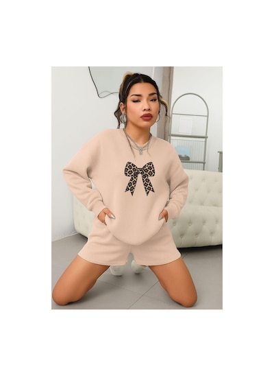 Benroma 3 İplik Penye Kurdela Baskılı Unisex Sweatshırt Pembe