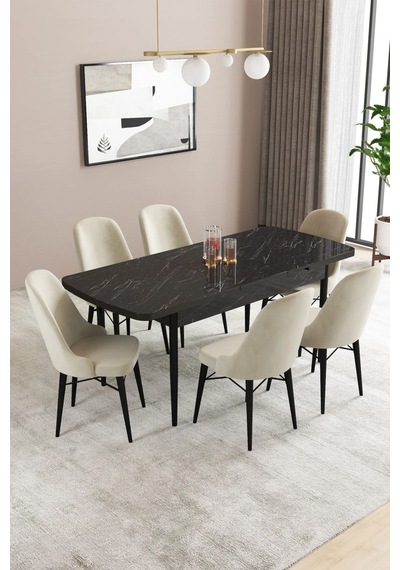 Sar Pakete Almira Serisi, Siyah Mermer Desen 80x132 Açılabilir Mdf Mutfak Masası Takımı 6 Adet Sandalye Krem Sar Pakete Almira Serisi, Siyah Mermer Desen 80x132 Açılabilir Mdf Mutfak Masası Takımı 6 Adet Sandalye Krem