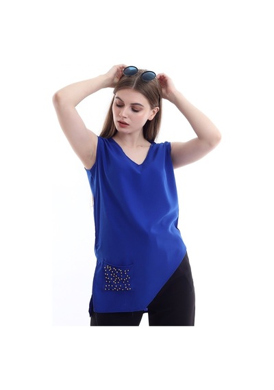 Self Clothing Kadın Saks V Yaka Cep Ve Yırtmaç Detaylı Bluz Slf1246-Saks