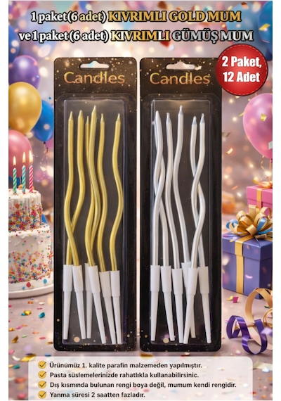 Shop Kıvrımlı Gold & Gümüş Pasta Mumu 2 Paket Toplam 12 Adet 15 Cm Şık Doğum Günü Mumları, Spiral Mum Altın - Gümüş
