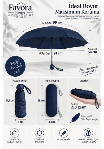 Favora Rainbox Kapsül Şemsiye - Kutulu Mini Katlanır Çanta Boy Şemsiye Gece Laciverti