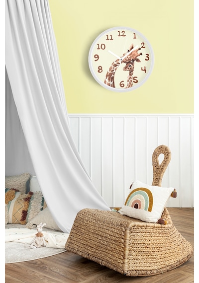 Sevimli Zürafa Temalı Çocuk Odası Modern Duvar Saati - 30cm - Önü Camlı Beyaz Kasa-jh0026 Beyaz