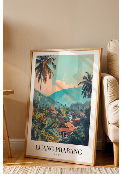 Luang Prabang Laos Vintage Seyahat Posteri Çerçeveli Tablo - Premium Egzotik Doğa Duvar Dekoru Kayın