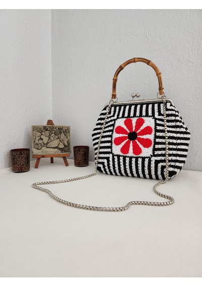 Fikriharika Design Çicek Motifli, Bambu Saplı Klipsli, Kadın El Çantası Çok Renkli
