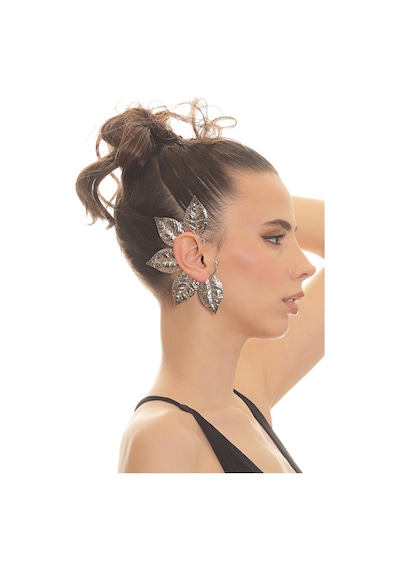 Kadın Gümüş Renk Lak Kaplama Zirkon Taşlı Dokulu Yaprak Stilizesi Sağ Kulak Earcuff&kıkırdak Küpe Çok Renkli
