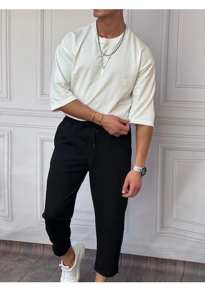 Modefendi İki İplik Fakir Kol Oversize Tshirt Beyaz