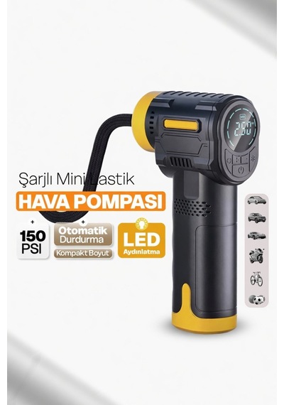 Hava Kompresörü Kablosuz Dijital Şarjlı Mini Lastik Şişirme Pompası Led Işıklı Taşınabilir 150 Psı