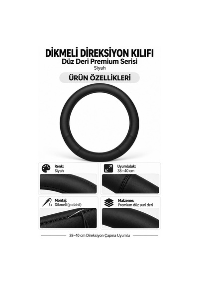 Trobus Opel Astra 2024 Ve Sonrası Uyumlu Dikmeli Direksiyon Kılıfı Düz Deri Premium Siyah