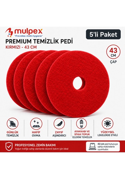 Mulpex Premium 43 Cm Kırmızı Zemin Temizlik Pedi 5 Li Paket Yer Yıkama Makinesi Pedi