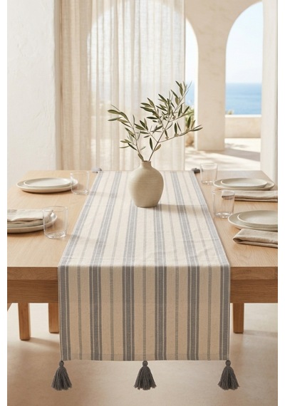 Gri Şerit Desenli Püsküllü Pamuk Runner Masa Örtüsü 40x110 Cm Gri