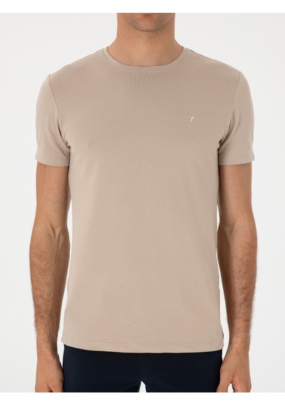 Bej Slim Fit Bisiklet Yaka Pamuklu T-shirt