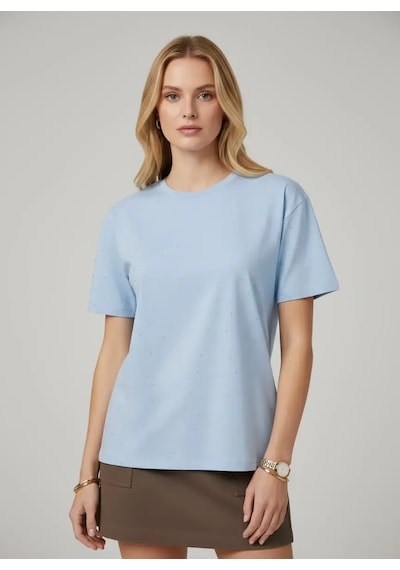 Park Karon 26047 Pamuk Kadın Bisiklet Yaka Taş İşleme Oversize Penye Bluz Bebe Mavi