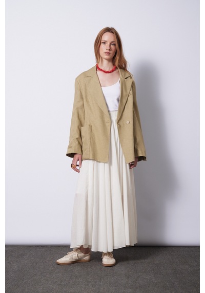 Keten Karışımlı Kuşaklı Blazer Ceket Açık Yeşil