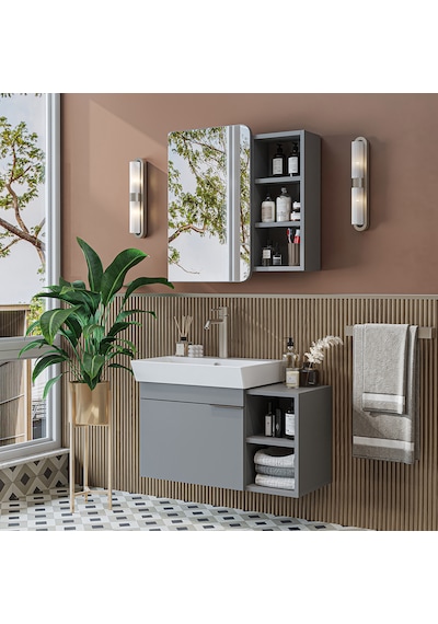 Likya Tek Kapaklı Lavabolu 82 Cm Banyo Alt Dolabı + Üst Dolabı, Lavabolu Mdflam Banyo Dolabı Takımı Kül Gri Likya Tek Kapaklı Lavabolu 82 Cm Banyo Alt Dolabı + Üst Dolabı, Lavabolu Mdflam Banyo Dolabı Takımı Kül Gri