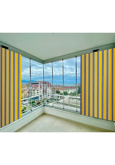 Ceylan Home Balkon Perdesi Bağcıklı Ölçü Seçenekli Sarı Gri Çizgili Sarı