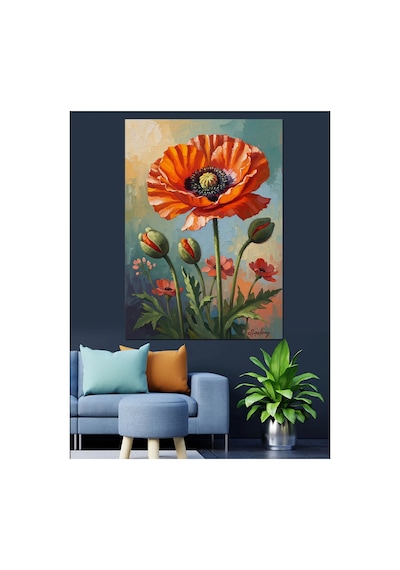 Kırmızı Gelincik Çiçeği Ve Buketi Yağlı Boya Dokulu Kanvas Tablo Canvas Tablosu