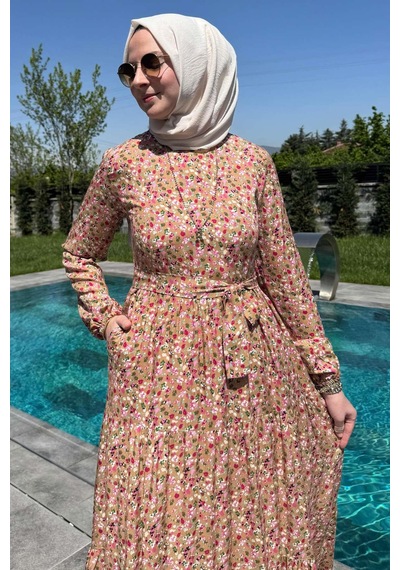 Rabia Şamlı Hale Elbise Bej Normal