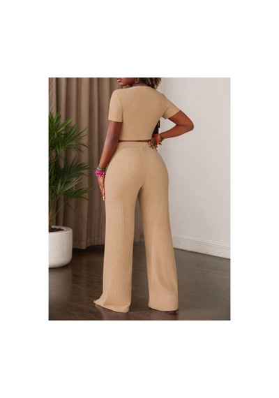 Butik İstanbul Kadın Kısa Kollu Bisiklet Yaka Bürümcük Krop Bluz Ve Pantolon Ikili Takım Bej