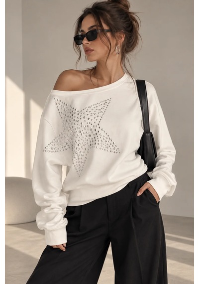 Bb Butik Basic Taşlı Yıldız Detaylı Kayık Yaka Salaş Kadın Bluz Frw34 Beyaz