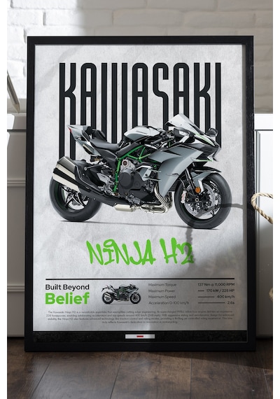 Kawasaki Ninja H2 Siyah Ahşap Çerçeveli Poster, Dekoratif Motosiklet Duvar Tablosu