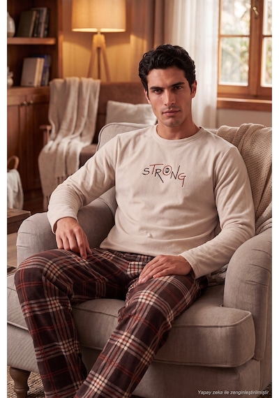 Buratti Ekoseli Bisiklet Yaka Yumuşak Dokulu Polar Pijama Takımı Erkek Pijama Takımı 6097000 Bej