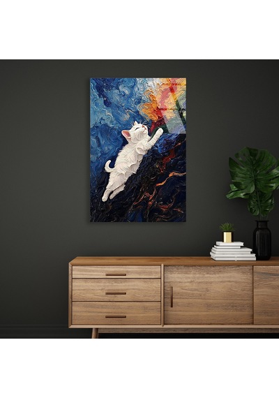 Beyaz Kedi Tırmanıyor - Cam Tablo - Deg1533 70 X 110 Cm