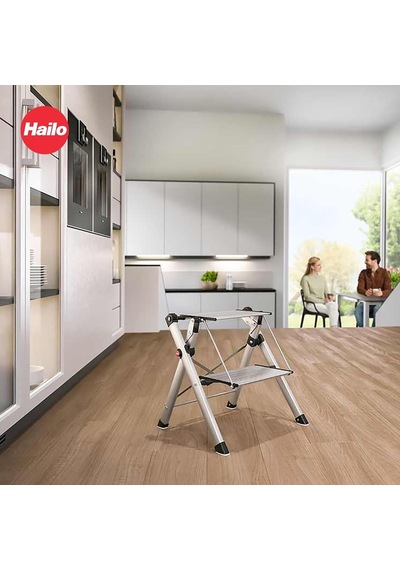 Hailo Mk80 Comfortline Alüminyum Katlanır Merdiven - 150 Kg'a Kadar 2 Büyük Basamak - Entegre Kilit Açma Fonksiyonl Genel