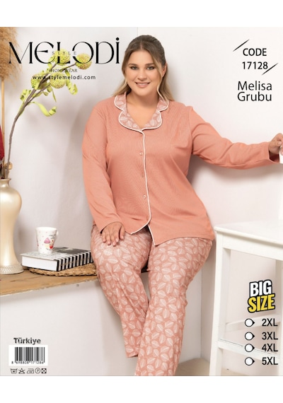 Melodi 17128 Uzun Kol Büyük Beden Kadın Pijama Takımı V1 Somon