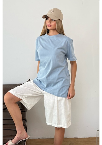 Kadın Bisiklet Yaka Basic T-shirt Mavi - 23507