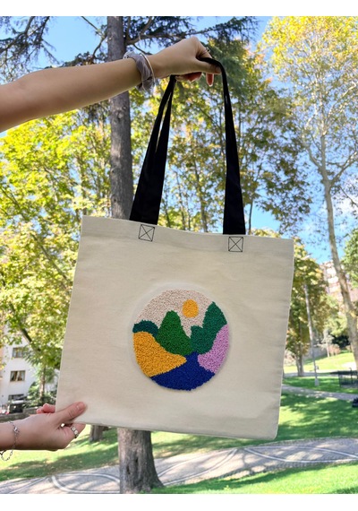 Bolergıashop Cıena Grande Tasarım Canvas Omuz Çantası Bej - Beyaz - Pembe Punch İşleme