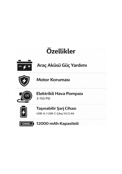 12000mah Akü Takviye Ve Lastik Şişirme Kompresörü 4 Ü 1 Arada Jump Starter, 150 Psı Dijital H