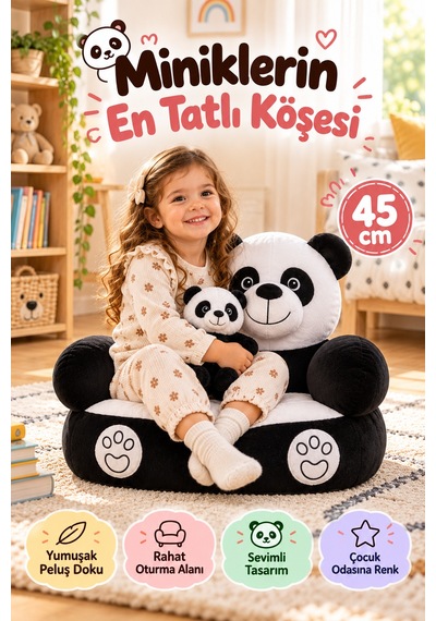Panda Peluş Minder 45 Cm Siyah Beyaz Çocuk Koltuğu Yumuşak Oturma Minderi Oyun Ve Kitap Köşesi Evde Çok Renkli