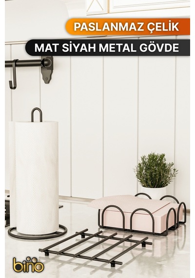 Bino Servis Sunum Seti Havluluk Peçetelik Nihale Paslanmaz Çelik Mat Siyah Metal 3 Lü Mutfak Seti