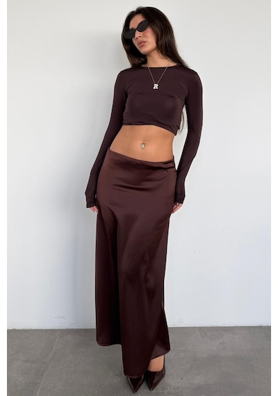 Madmext Acı Kahve Saten Midi Boy Şık Kadın Etek Mg2637 Siyah
