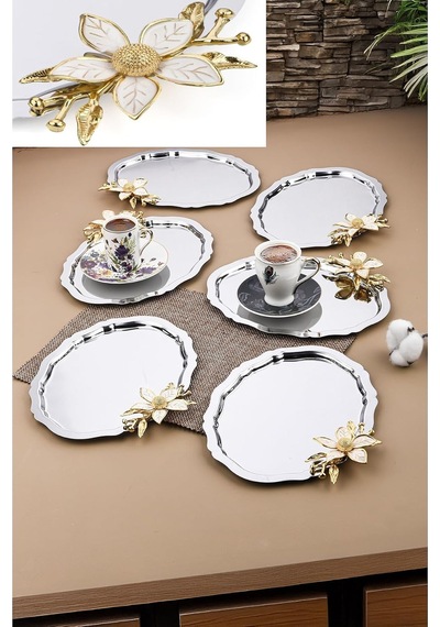 Tr 6 Adet Oval Papatya Çiçekli Kahve-çay Servis Ve Sunum Tepsisi 25x20 Cm, Gümüş Diğer
