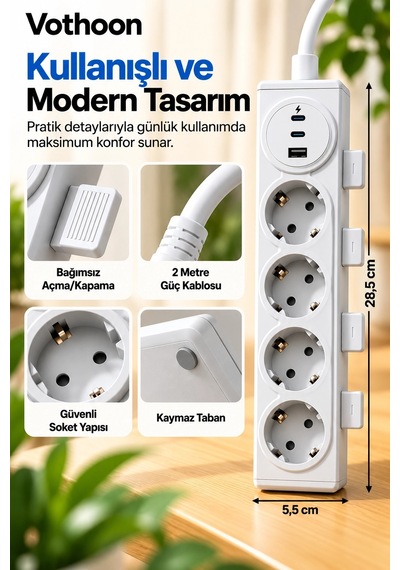 Vothoon 4 Lü Akıllı Priz Tek Dokunuşla Fiş Çıkarma 2 Metre Kablo 2 Type-c + Usb 15w Hızlı Şarj 3680w Krem Diğer