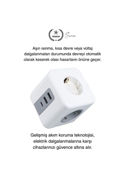 Premium 3'lü Duvar Çocuk Ve Akım Korumalı Isıya Dayanıklı Çoklu Küp Priz Usb Type-c Girişli Topraklı Diğer